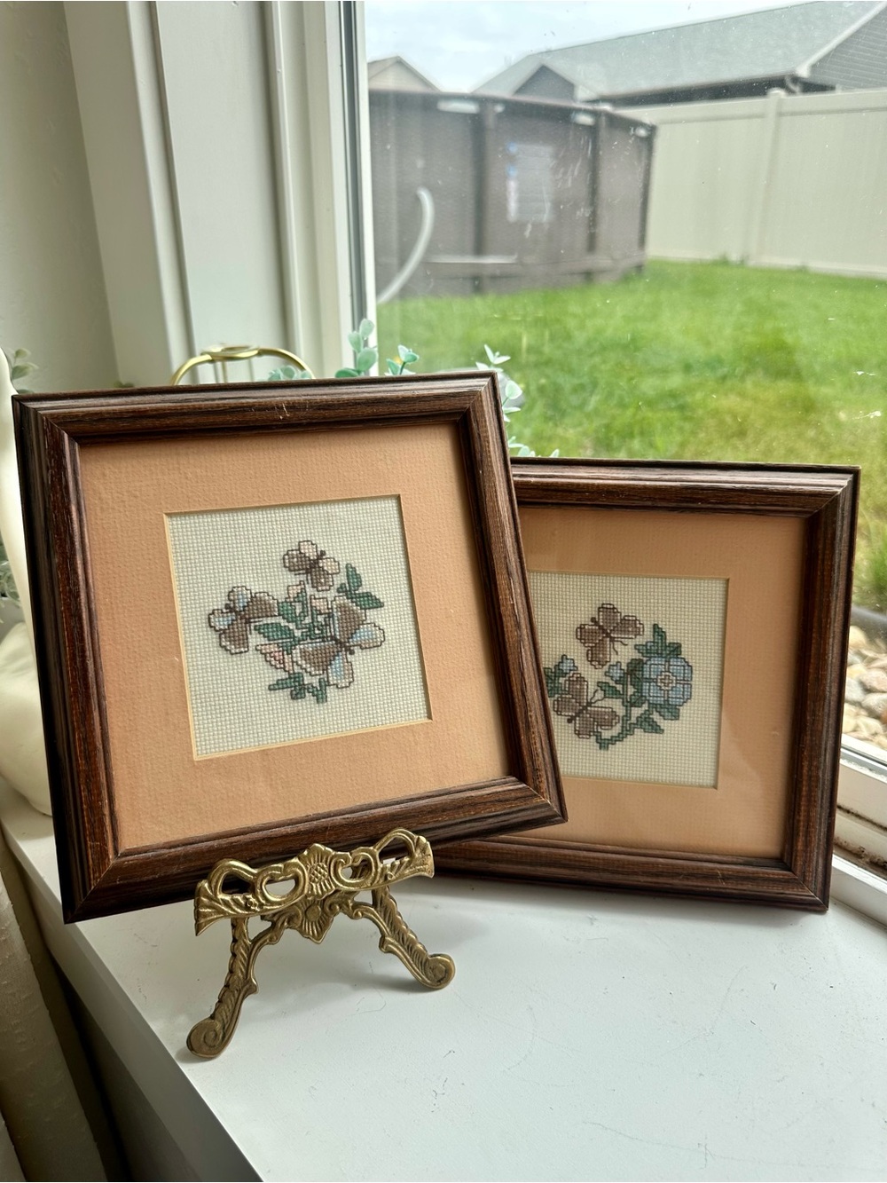 Framed Peach Mat Floral Cross-Stitch Wall Art - Set of 2